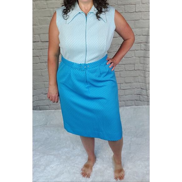 Vintage 1970s Volup Sheath Dress Blue White Dot Pointed Collar Belted Sz 20 - Picture 2 of 12